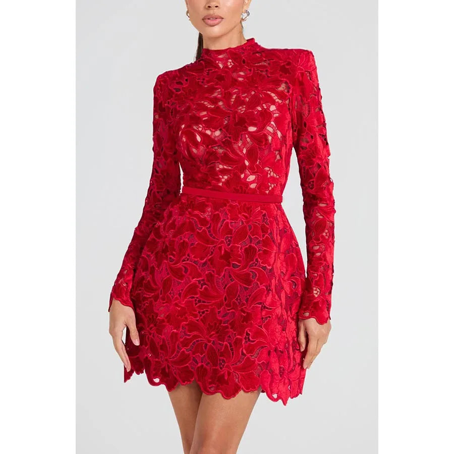 FZ Women's Round Collar Hollow Out Belt Tight Waist Meshed Dress
