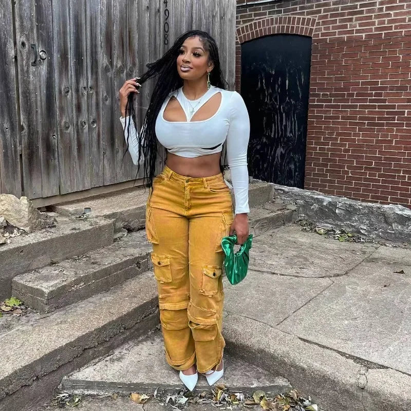 FZ Women's High Waist Loose Straight Denim Cargo Pants - FZwear