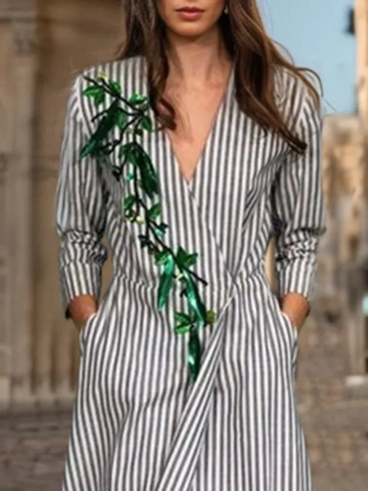 FZ Women's Striped  A-line V Neck Long Sleeve Printed Max Dress