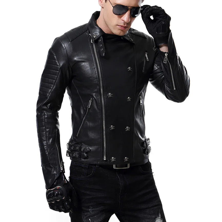 FZ Men's Punk Motorcycle Slim Fit PU Leather Jacket
