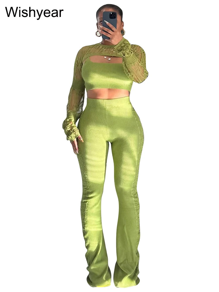 FZ Women's Hollow Out Skinny Long Sleeve Streetwear Knitted 3 Piece Pants Suits