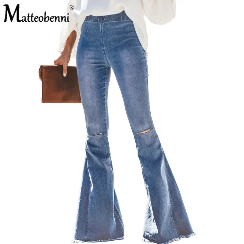 FZ Women's High Waisted Flared Ripped Knee Skinny Wide-Leg Denim Pants - FZwear