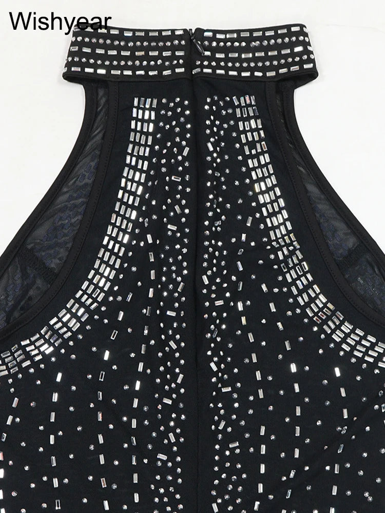 FZ Women's Sleeveless Mesh See Through Rhinestone Jumpsuit