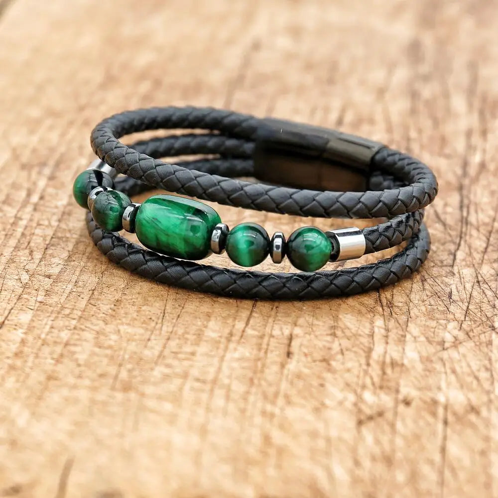 FZ Natural Stone Leather Stainless Steel Leather Green Tiger Eye Bracelet - FZwear