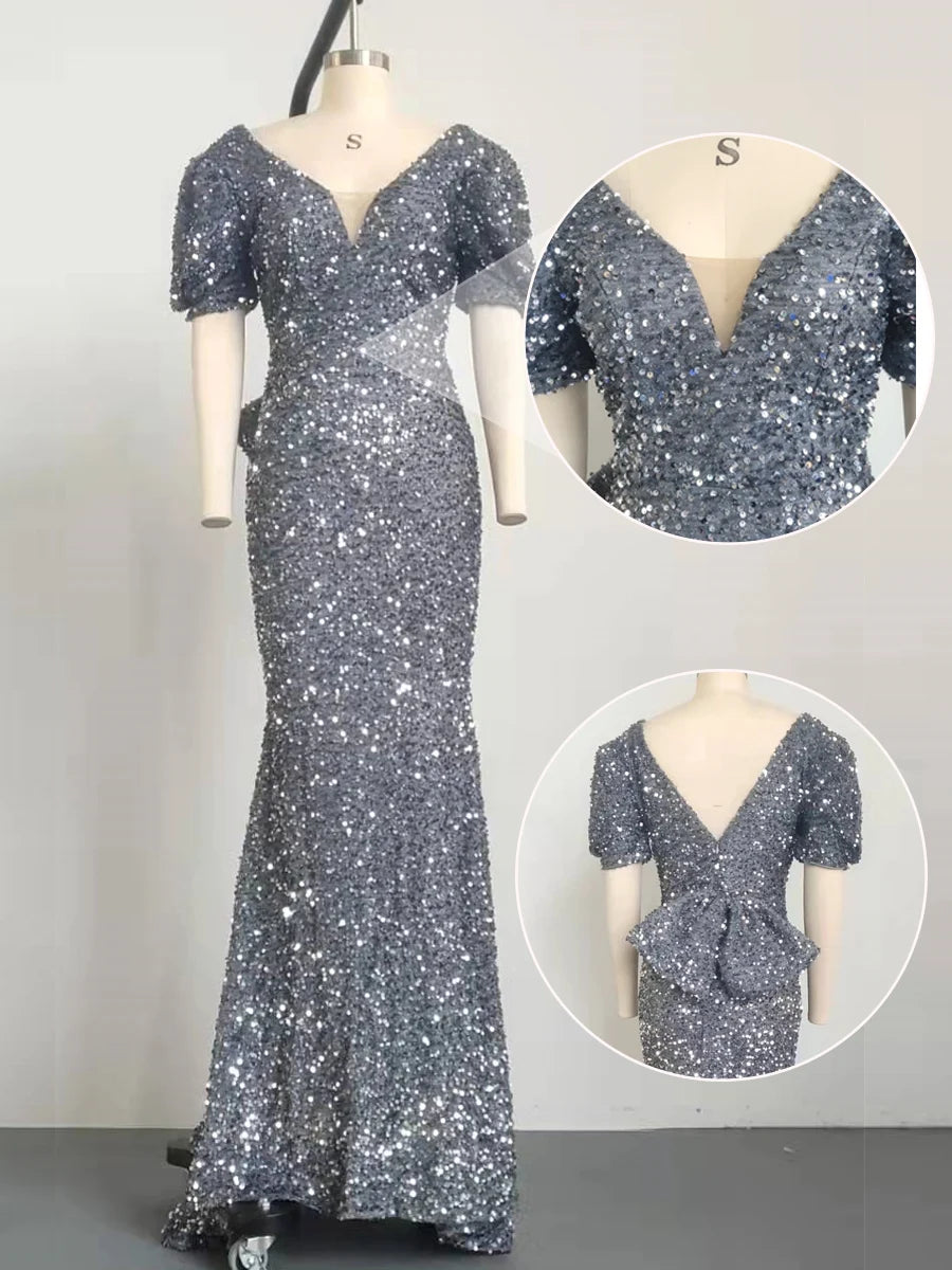 FZ Women's V Neck Puff Sleeve Bowknot Mermaid Evening Dress