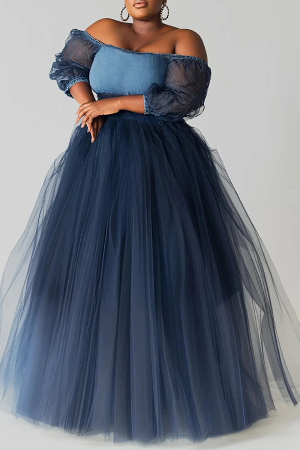 FZ Women's Plus Size Off The Shoulder See Through Contrast  Maxi Denim Evening Dress