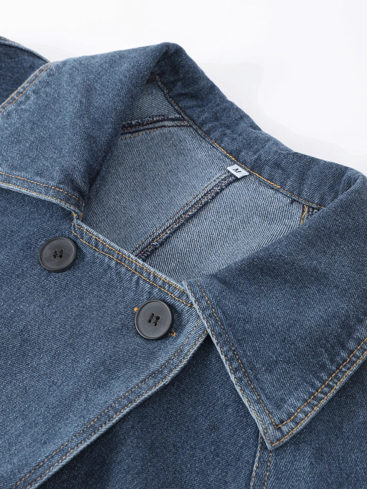 FZ Women's Belt Vintage Double Breasted Turndown Collar Denim Long Jacket - FZwear