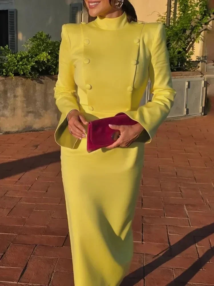 FZ Women's Buttoned High Waisted A-line Flared Sleeves Evening Dress