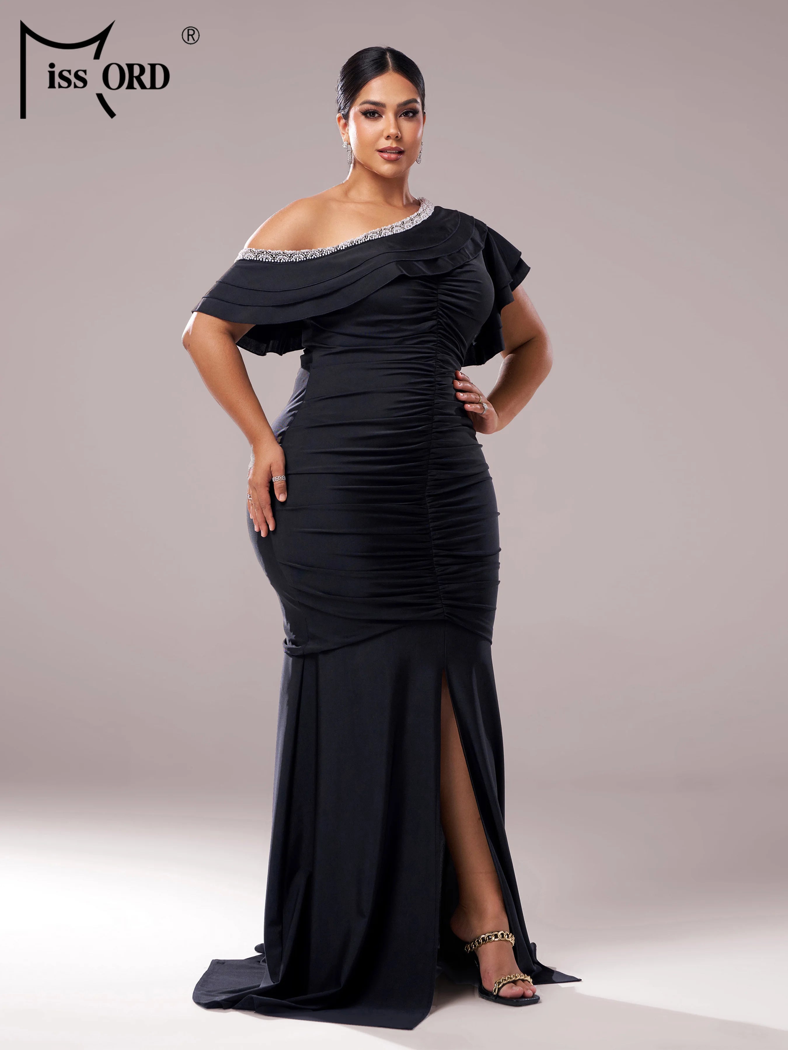 FZ Women's Plus Size One Shoulder Ruched Maxi Evening Dress