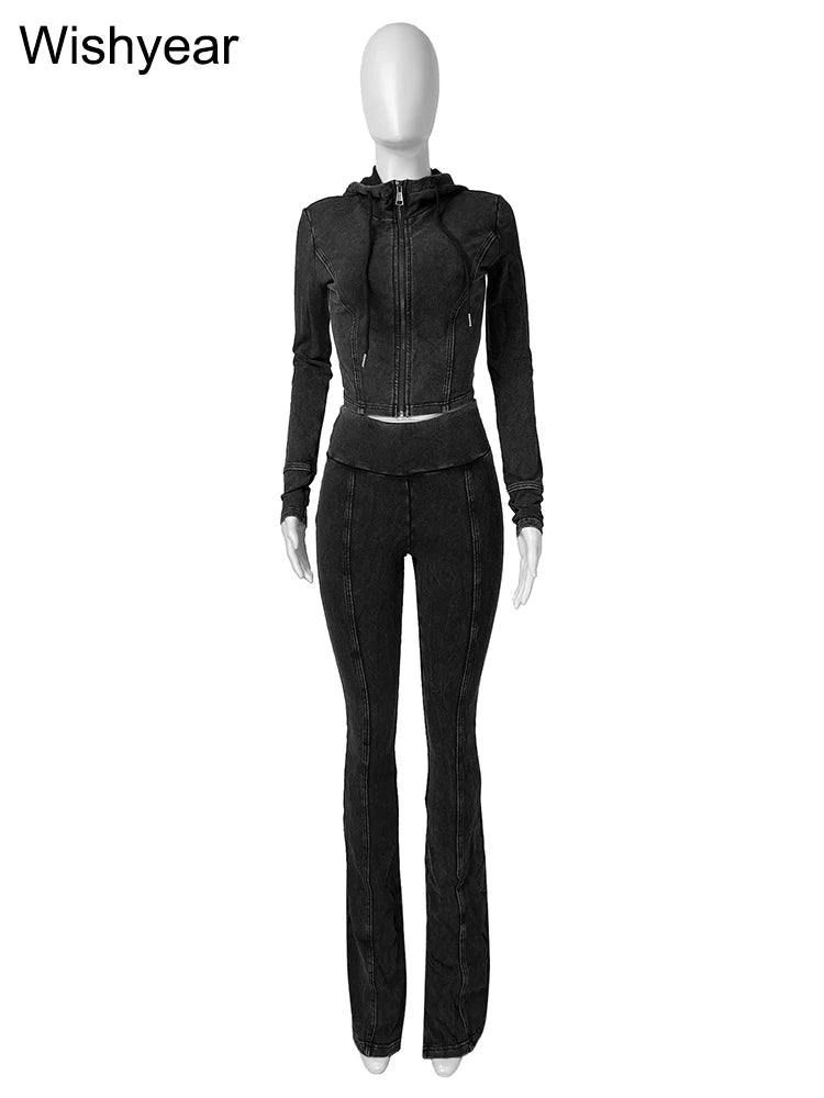 FZ Women's Sportswear Wash Retro Two 2 Piece Flared Pants Suit