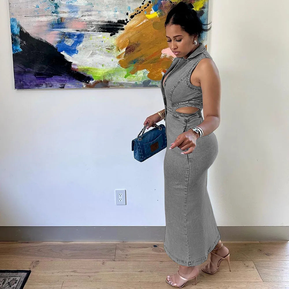 FZ Women's Halter Sleeveless Side Hollow Stretchy Slim Denim Dress