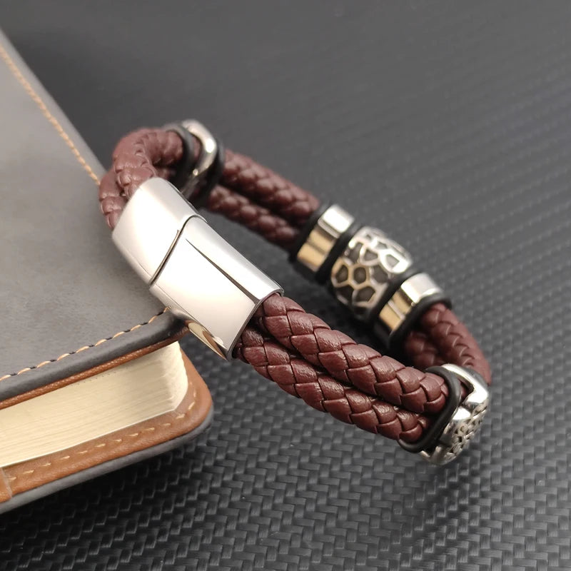 FZ Men's Stainless Steel Irregularly Cracked Genuine Braided Leather Bracelet