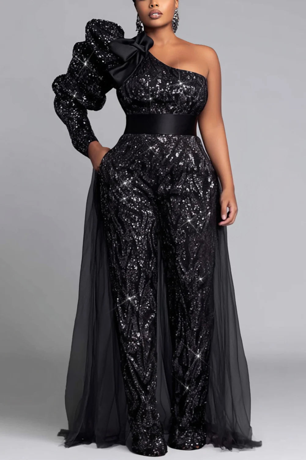 FZ Women's Plus Size One Shoulder Long Sleeve Peplum Sequin Jumpsuit