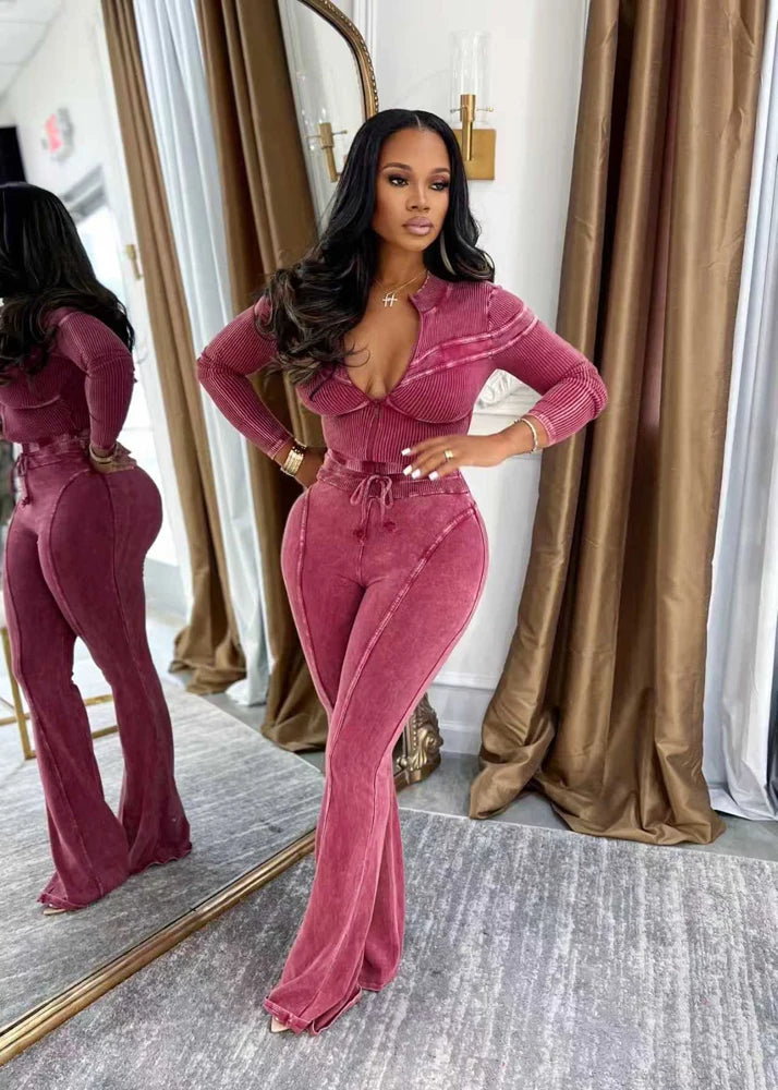 FZ Women's Acid Washed Long Sleeve Zip Flare Pants Suit