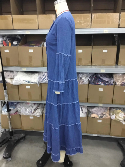 FZ Women's Plus Size  Ruffle Split Tiered Flare Sleeve Maxi Denim Dress DSers