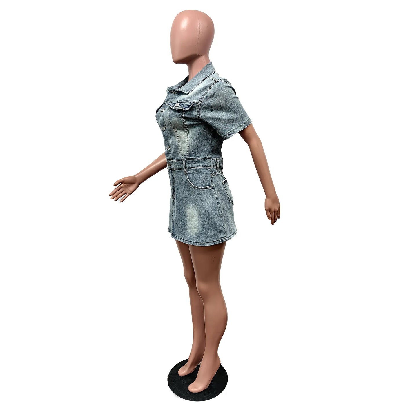 FZ Women's Short Sleeve Lapel Mid-Waist Solid Color Denim Dress