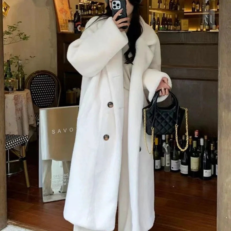 FZ Women's Faux Mink Long Sleeves Single Breasted Thick Loose Coat Jacket