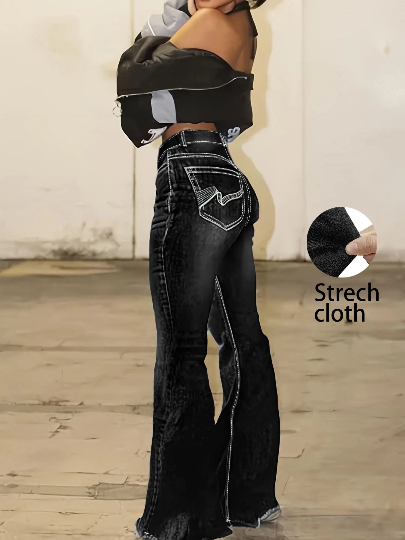 FZ Women's Plus Size Geometric Pattern Embroidered Retro Style Denim Pants