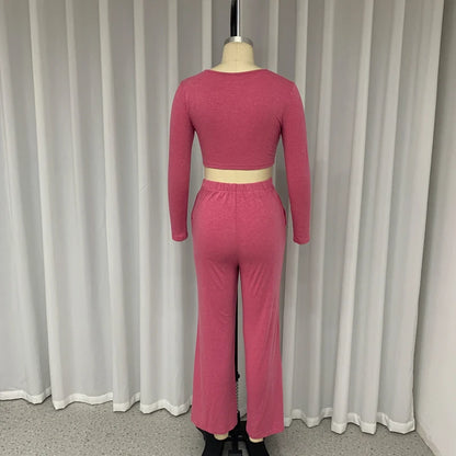 FZ Women's Long Sleeve Bare Waist Loose two piece Pants Suit