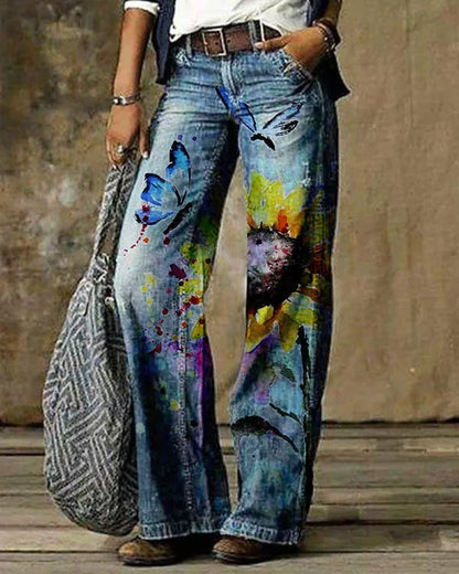 FZ Women's Plus Size Street Retro Butterfly Printed Loose Oversized Flare Denim Pants - FZwear