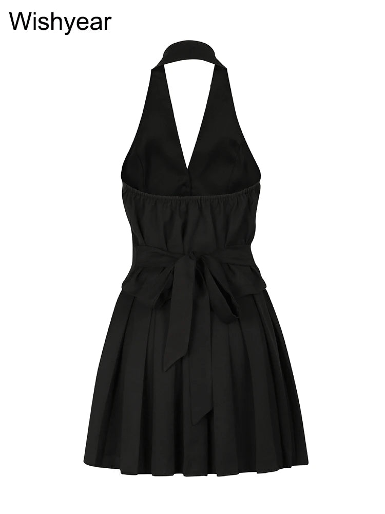 FZ Women's V-Neck Halter Backless Pleated 2 Piece Skirt Suit