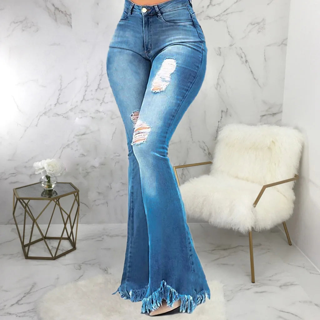 FZ Women's Tassel Ripped Skinny High Waist Full Length Vintage Denim Flare Pants - FZwear