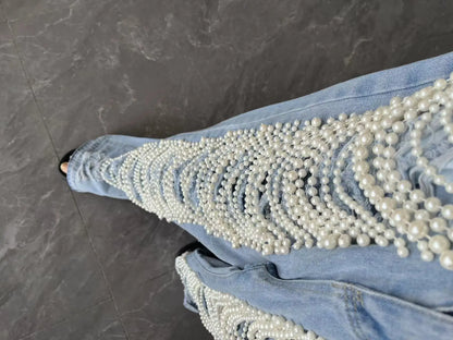 FZ Women's Holes Pearls High Waist Fashion Cotton High Street Denim Pants