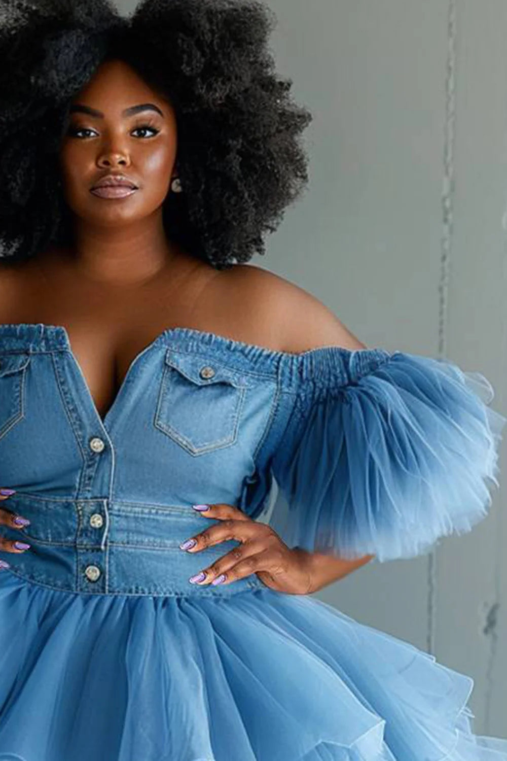 FZ Women's Plus Size Off The Shoulder Short Sleeve Pleated Contrast Mini Denim Dress