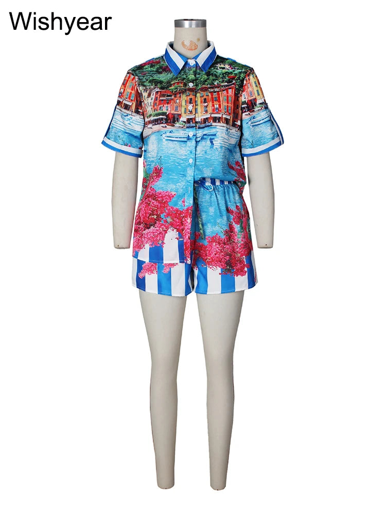 FZ Women's Floral Print Two Pieces Patchwork Shorts Suit