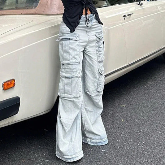 FZ Women's Multi-pocket Paneled Cargo Washed Wide Leg High-waisted Denim Pants - FZwear
