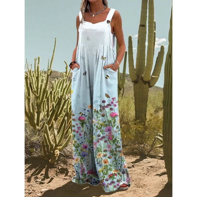 FZ Women's Vintage Flower Daisy Print Casual Strap Wide Leg Jumpsuit - 4 - FZwear