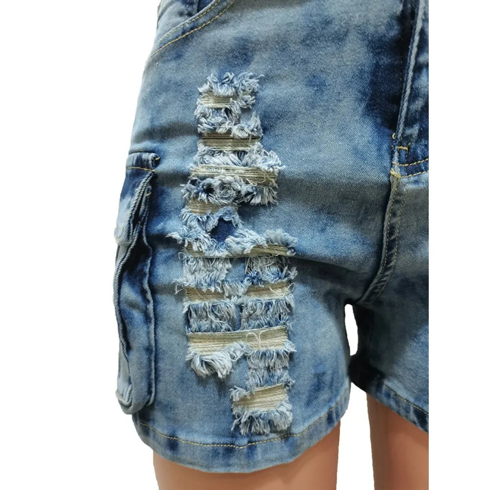 FZ Women's Tie Dye Blue Print Hole Pocket Denim Shorts