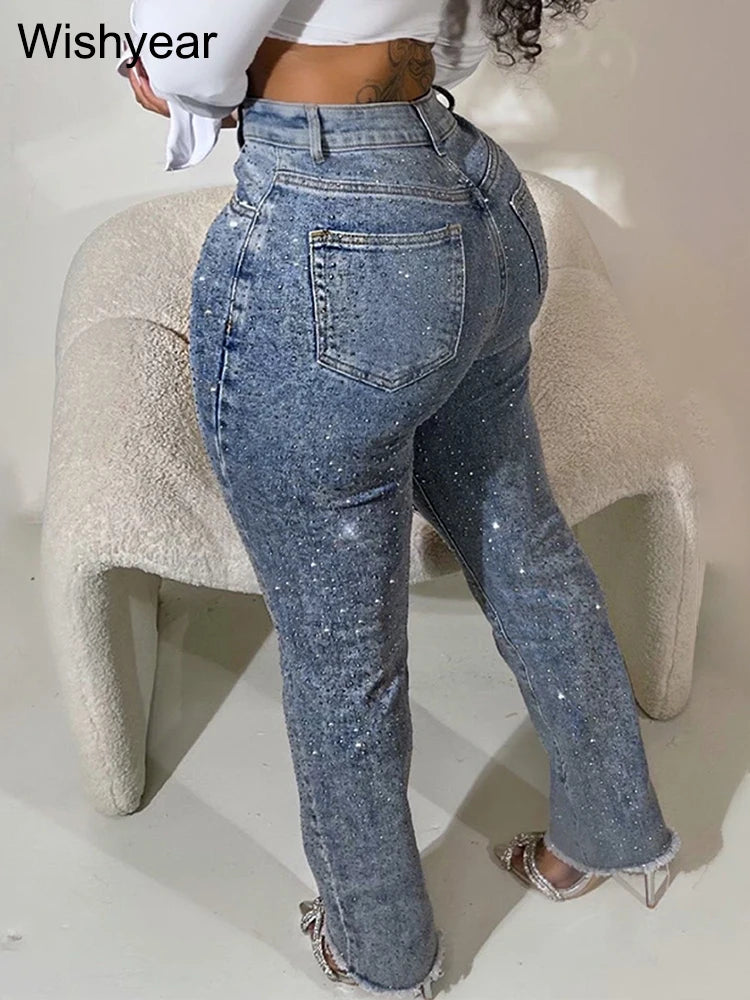 FZ Women's Skinny Stretch Diamonds Hole Pencil High Waist Washed Denim Pants