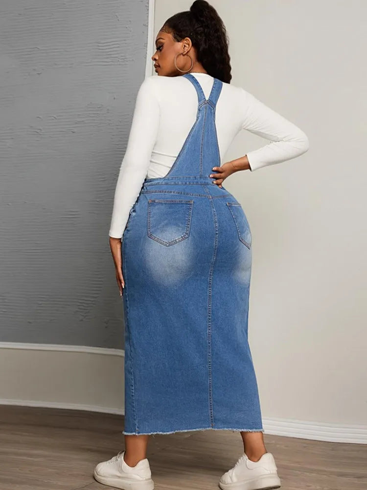 FZ Women's Plus Size Loose Street Style Halter Back Maxi Denim Dress