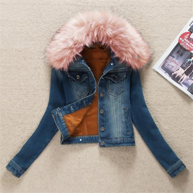 FZ Women's Big Fur Collar Short Coat Thicken Velvet Liner Fleece Denim Jacket