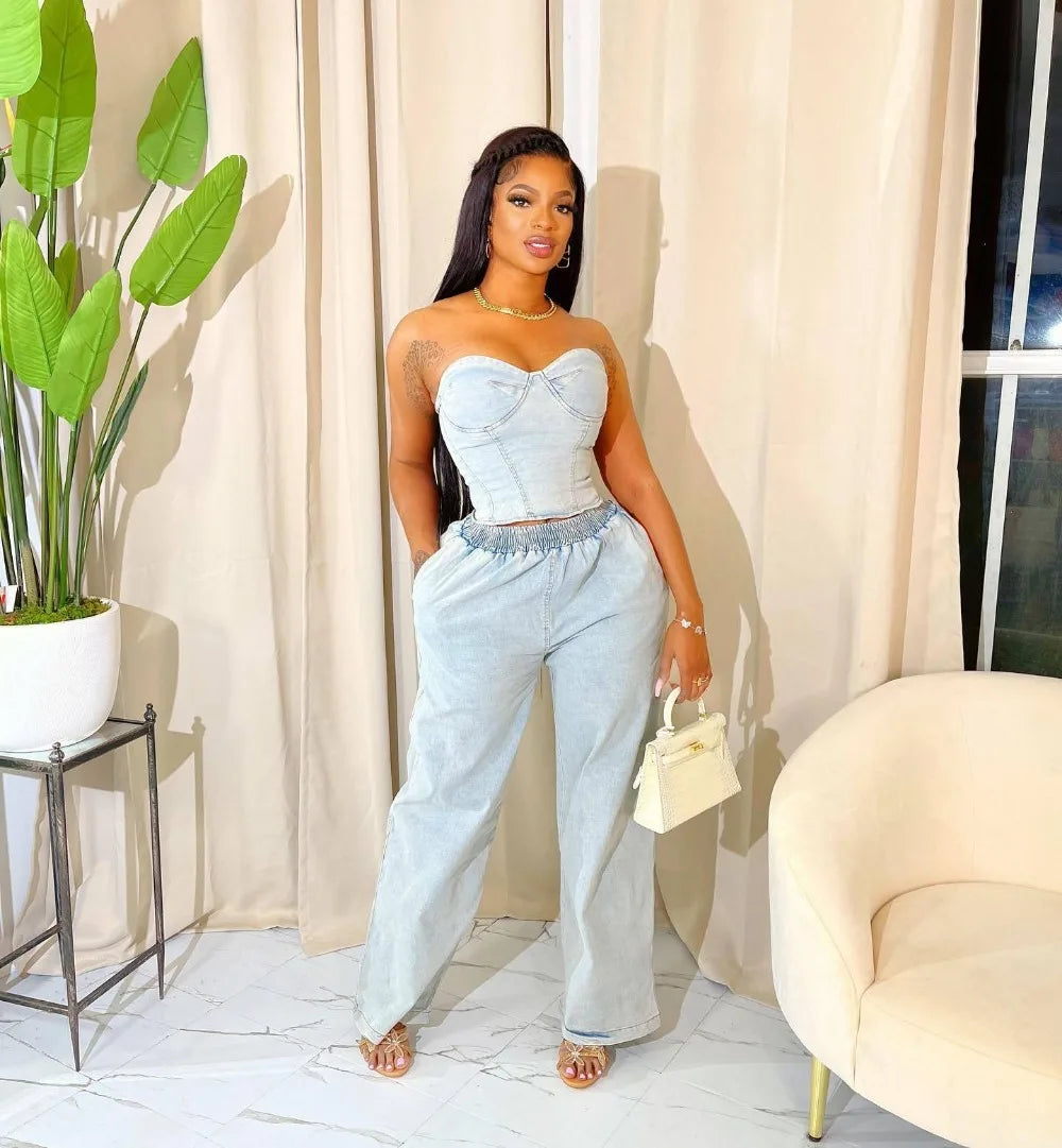 FZ Women's Off Shoulder Elastic Waist Wide Leg Denim Pants Suit - FZwear