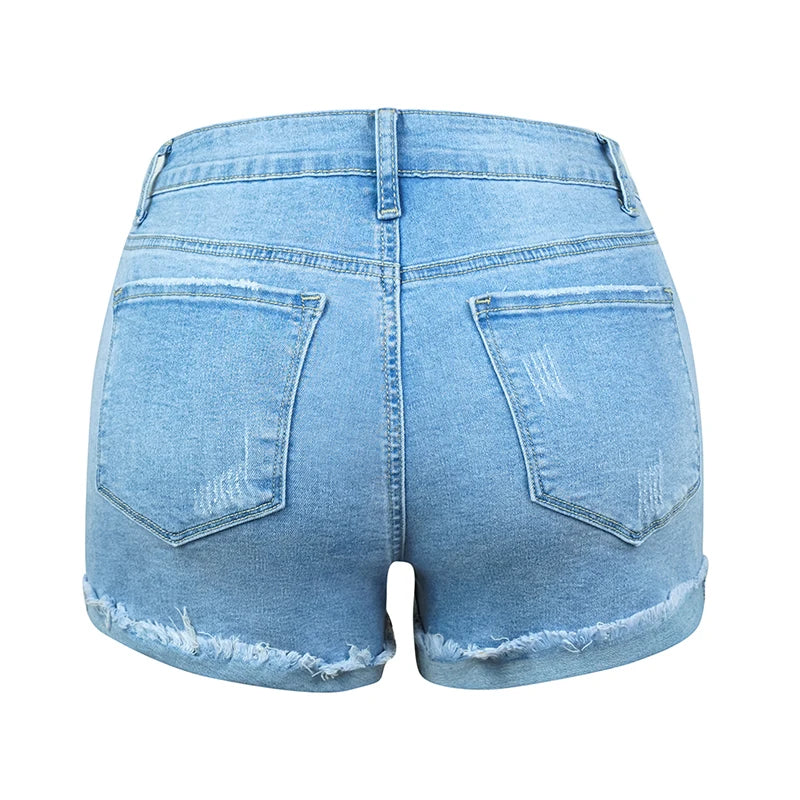 FZ Women's Elastic High Waist Loose Hole Denim Shorts