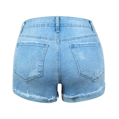 FZ Women's Elastic High Waist Loose Hole Denim Shorts - FZwear