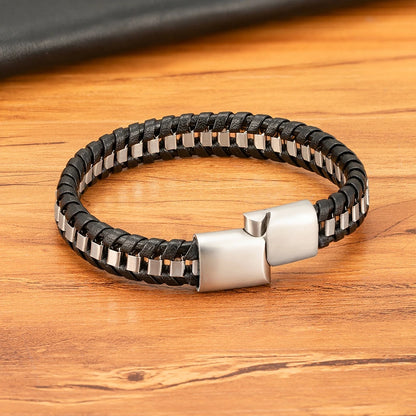 FZ Braided Rope Woven Black Leather Stainless Steel Bracelet - FZwear