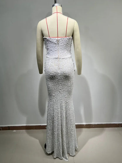 FZ Women's Luxury Sexy Strapless Backless Pearl Sequins Maxi Evening Dress - FZwear