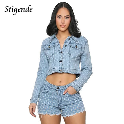 FZ Women's Sexy Hole Ripped two Piece Denim Shorts Suit - FZwear