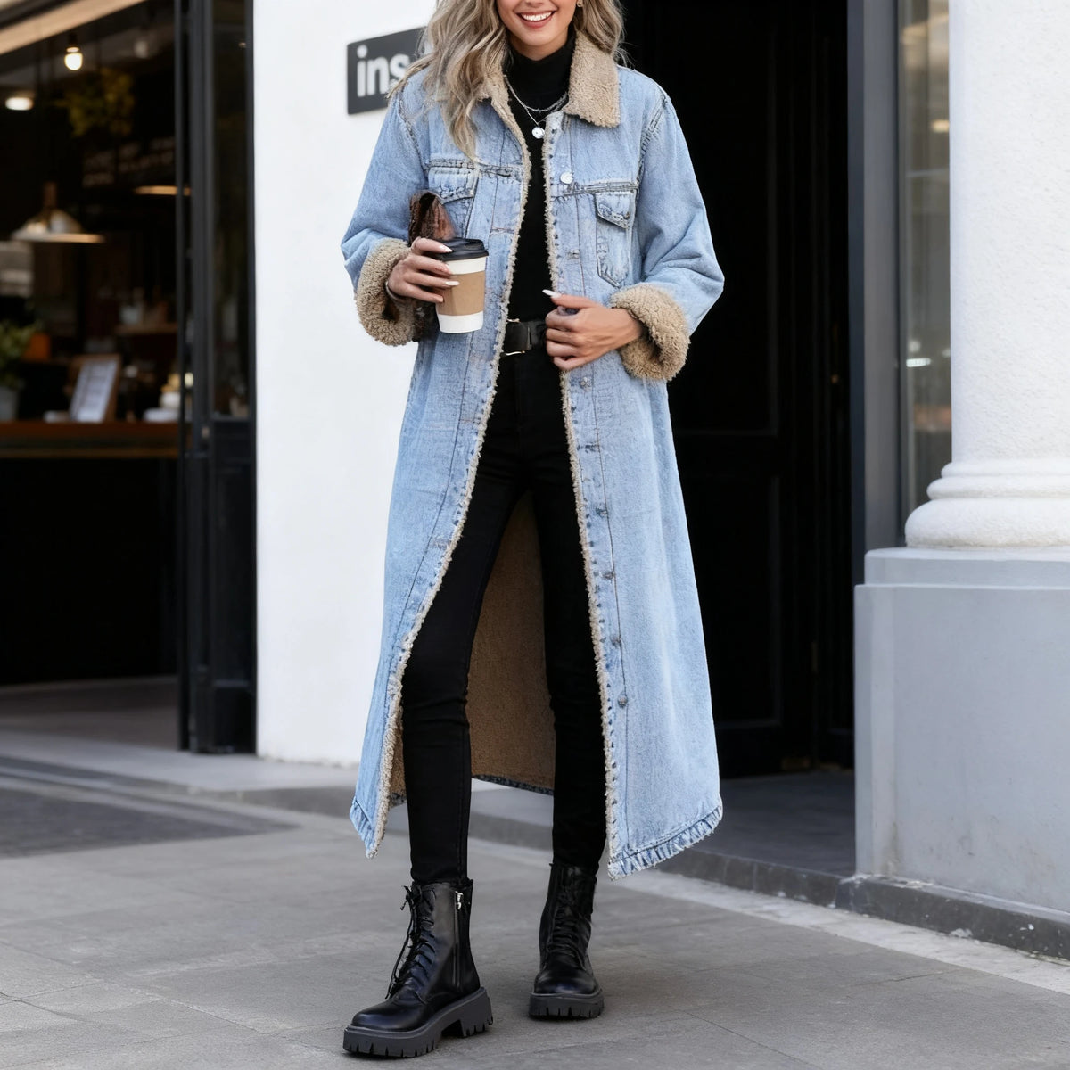 FZ Women's Faux Fur Mid Length Thick Coat Denim Jacket