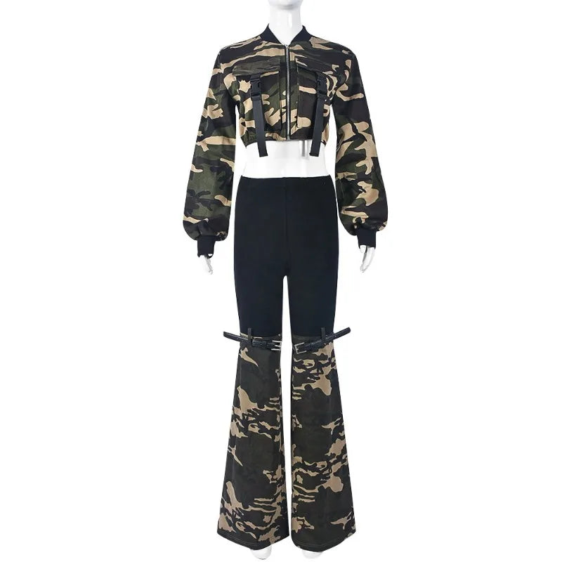 FZ Women's Modified Camouflage Stretch Denim Belt Pants Suit