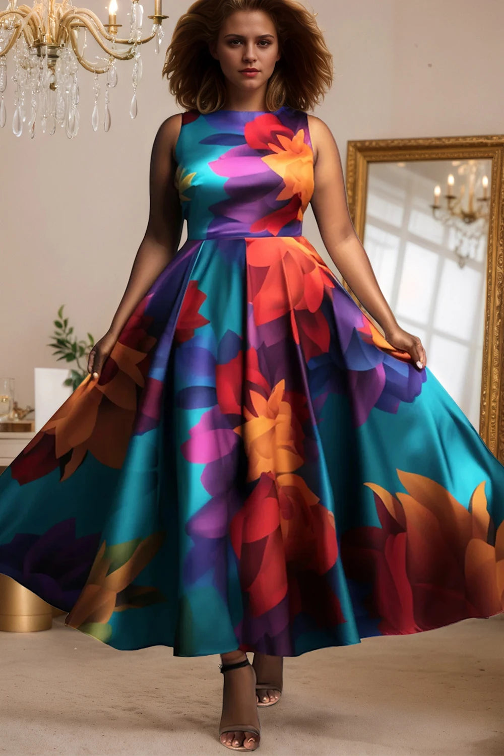 FZ Women's Plus Size Pleated A-Line Party  Floral Printed Vintage Maxi Evening Dress