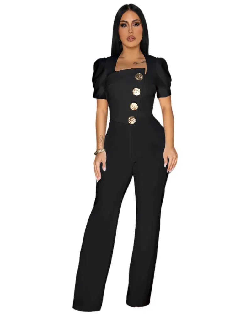 FZ Women's Button Front Puff Short Sleeve Wide Leg One Piece Jumpsuit