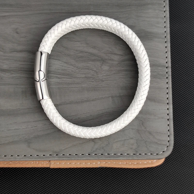 FZ Simple White Leather Braid Stainless Steel Buckle Clasps Bracelet - FZwear