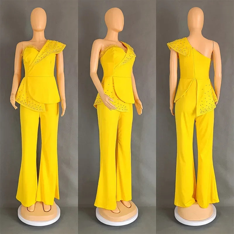FZ Women's One Shoulder Feather Diamond Peplum One Piece Jumpsuit