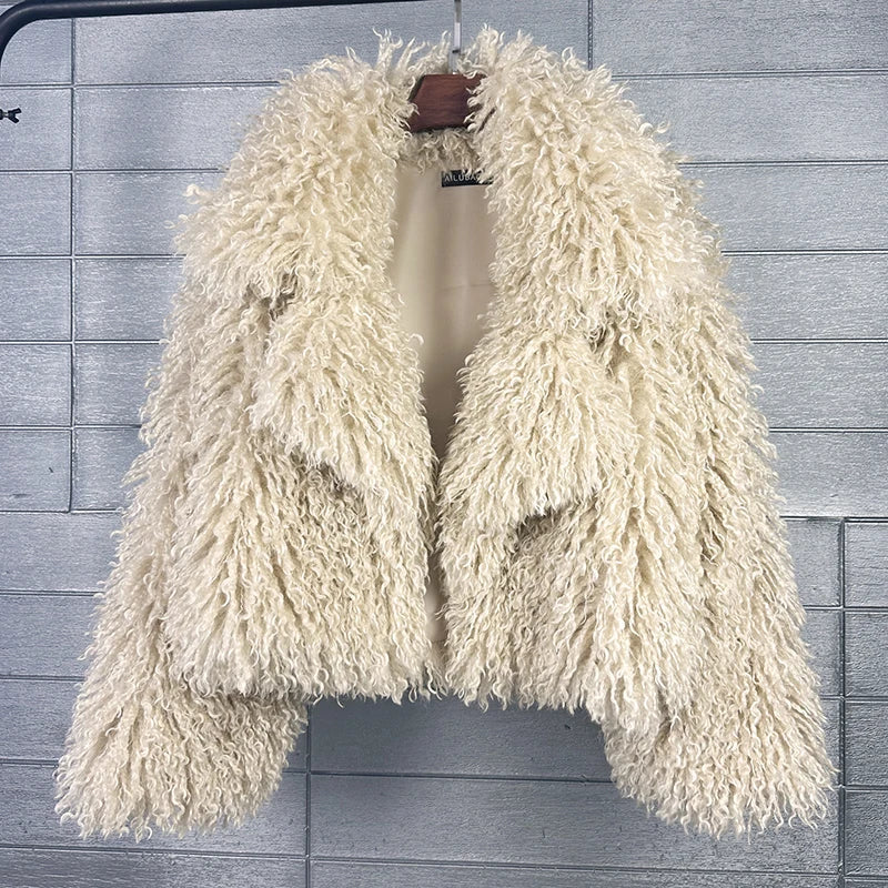 FZ Women's Notched Collar Fuzzy Faux Fur Short Coat Jacket