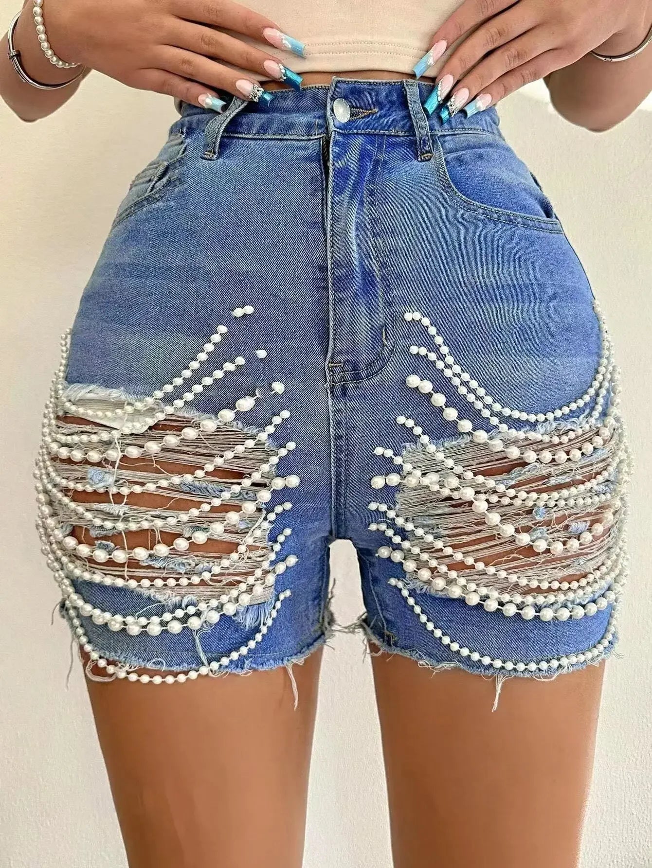 FZ Women's Ripped Pearl Chain Pockets High Waist Denim Shorts