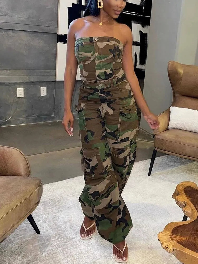 FZ Women's Camouflage Cargo Strapless High Waist Spliced Pockets Jumpsuit - FZwear